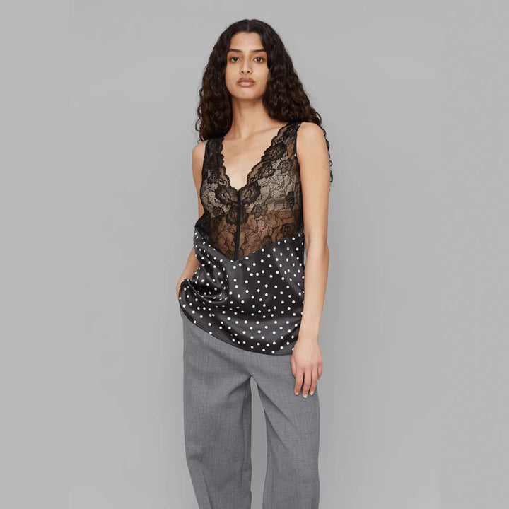 Dame Spaghetti Top med Polka Dots og elegante detaljer Skjora