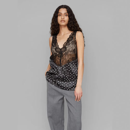 Dame Spaghetti Top med Polka Dots og elegante detaljer Skjora