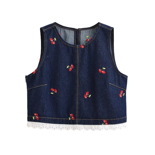 Dame Designer-Cropped-Top med blomsterbroderi og blonderdetaljer Skjora