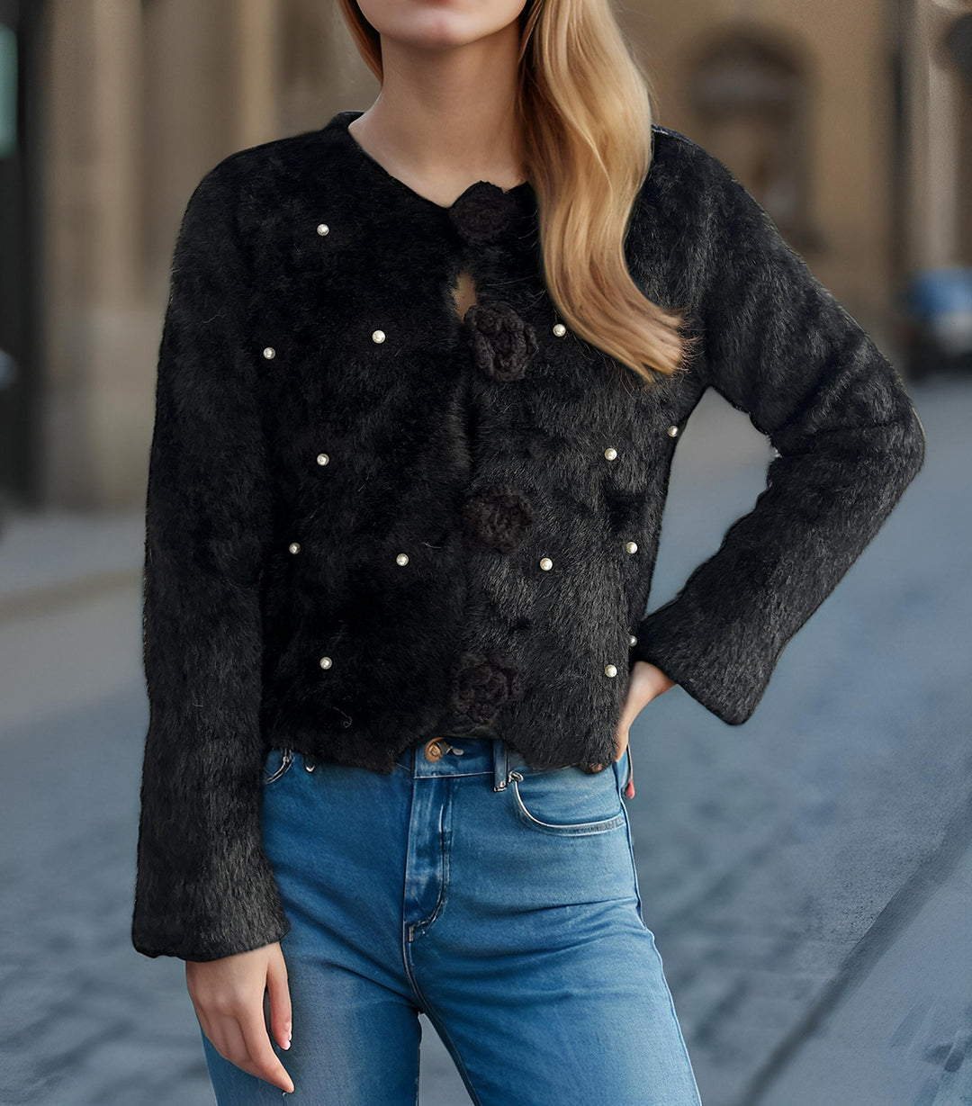 Dame fin cardigan med blomsterapplikasjoner og perleakcenter Skjora