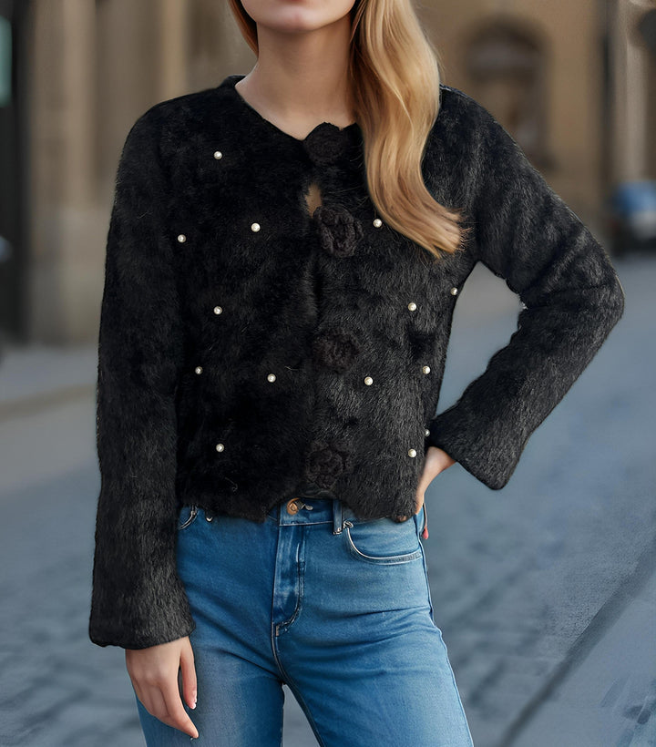 Dame fin cardigan med blomsterapplikasjoner og perleakcenter Skjora