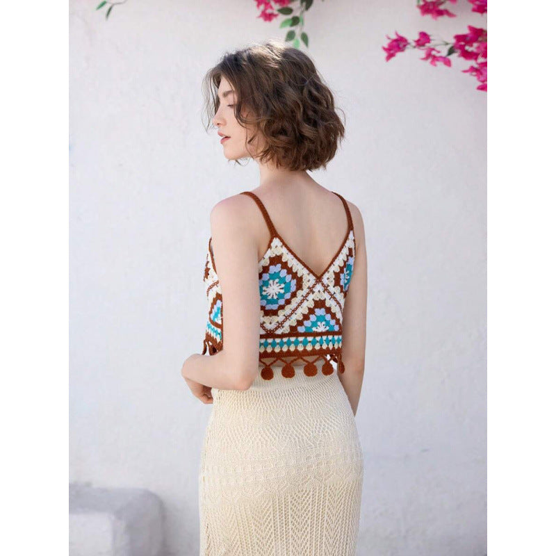 Dame Crop-Top med brodert design og frynser Skjora