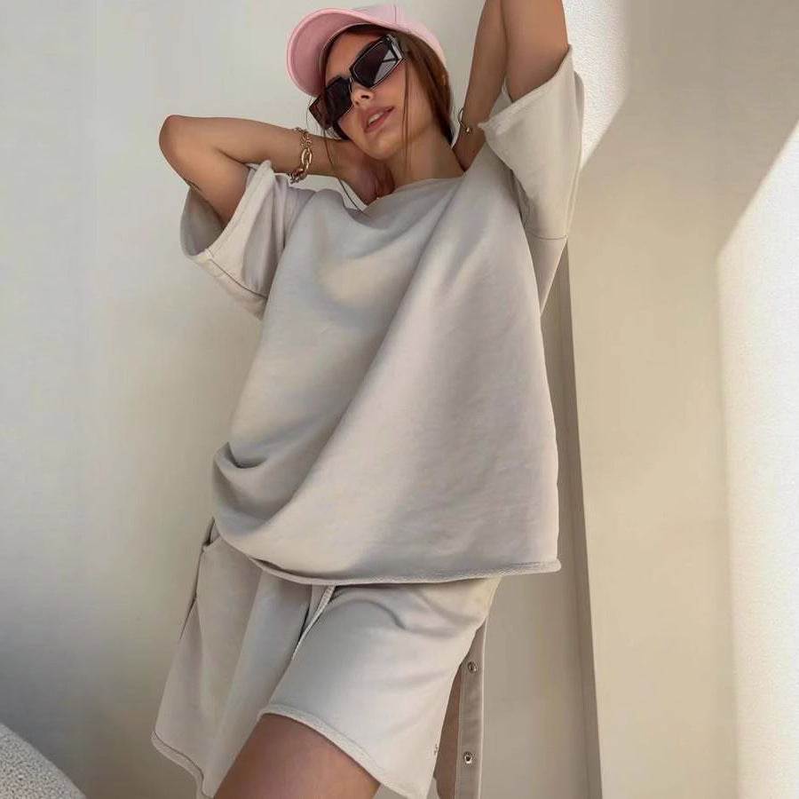 Kvinners uformelle topp og shorts sett med moderne snitt og praktiske lommer