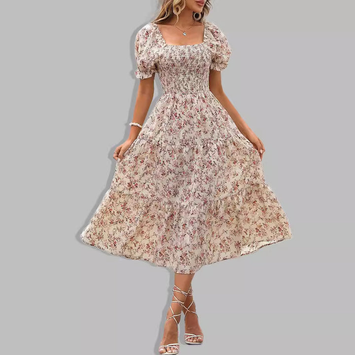Damer romantisk Midikjole med pufferm og blomsterdesign Skjora