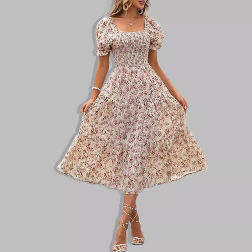 Damer romantisk Midikjole med pufferm og blomsterdesign Skjora
