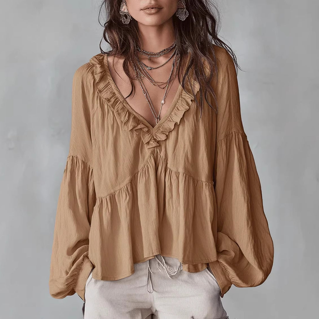 Women's Flowy Top with Ruched Detail and V-Neck Skirt