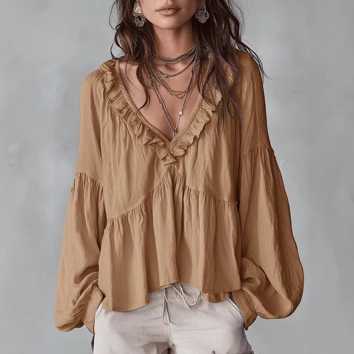 Women's Flowy Top with Ruched Detail and V-Neck Skirt