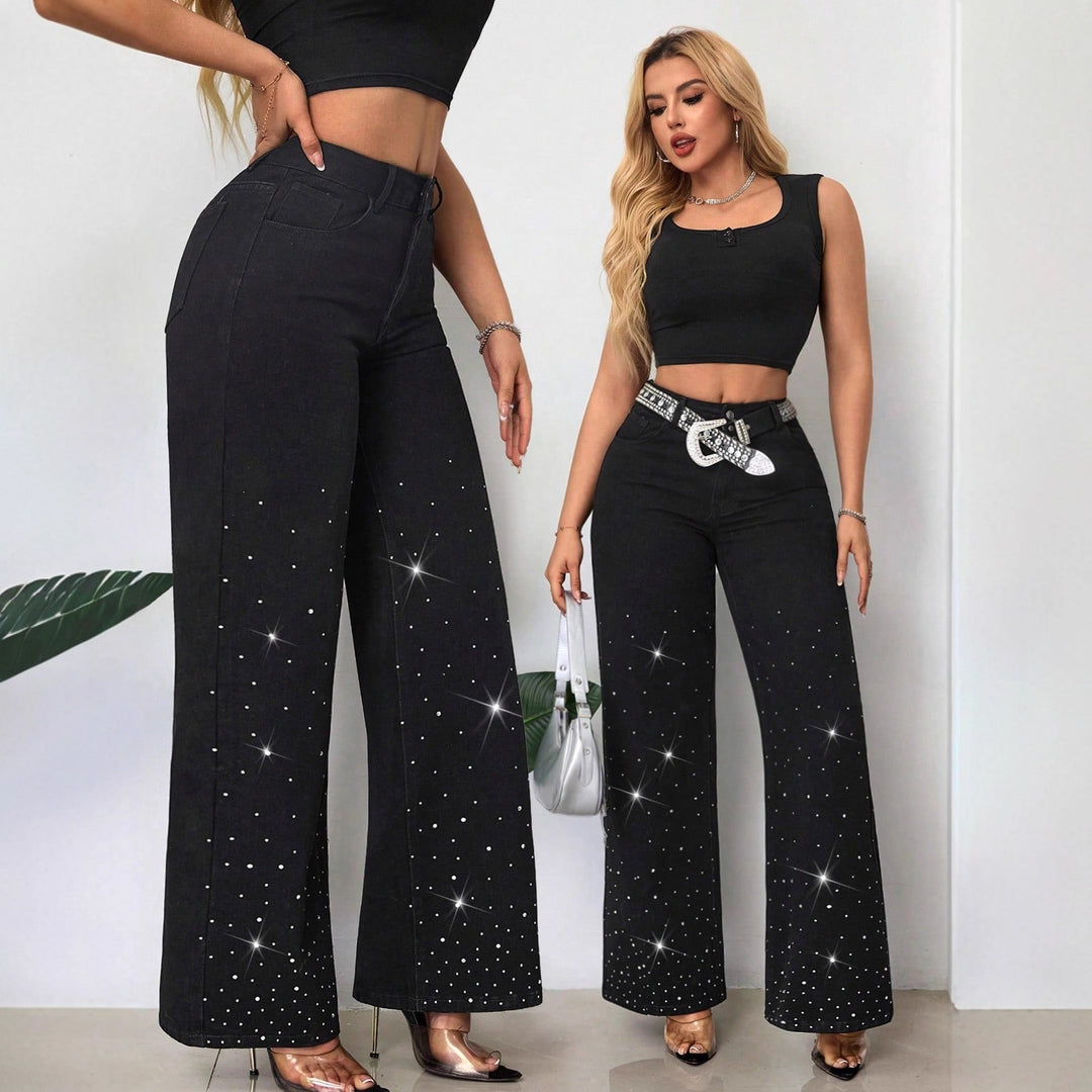 Damer Høyt liv Jeans med glitrende rhinestones og vide snitt Skjora