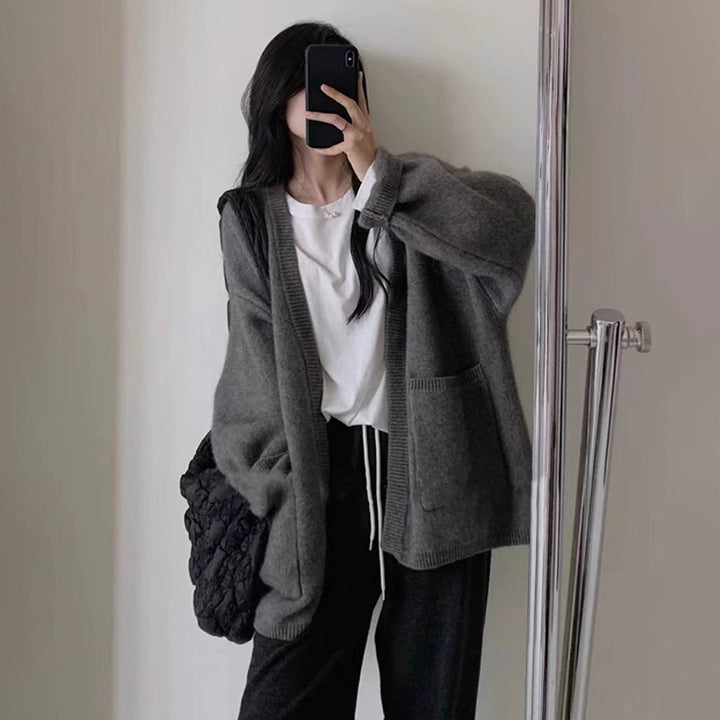 Damer Cozy Strikket Cardigan med Dyp V-Hals og Lommer