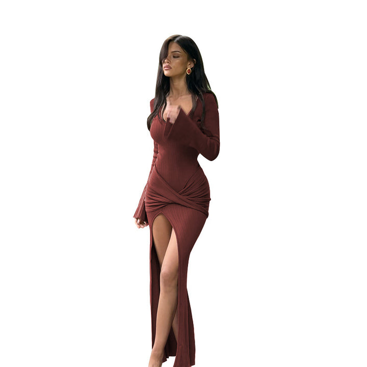 Dame Bodycon Maxi Kjole med Splitt og Innvikling Detalj