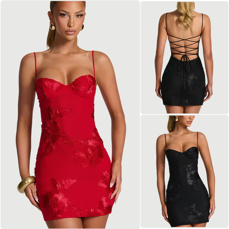 Dame Bodycon Mini Kjole med Blomster Søm og Uten Stropp Design