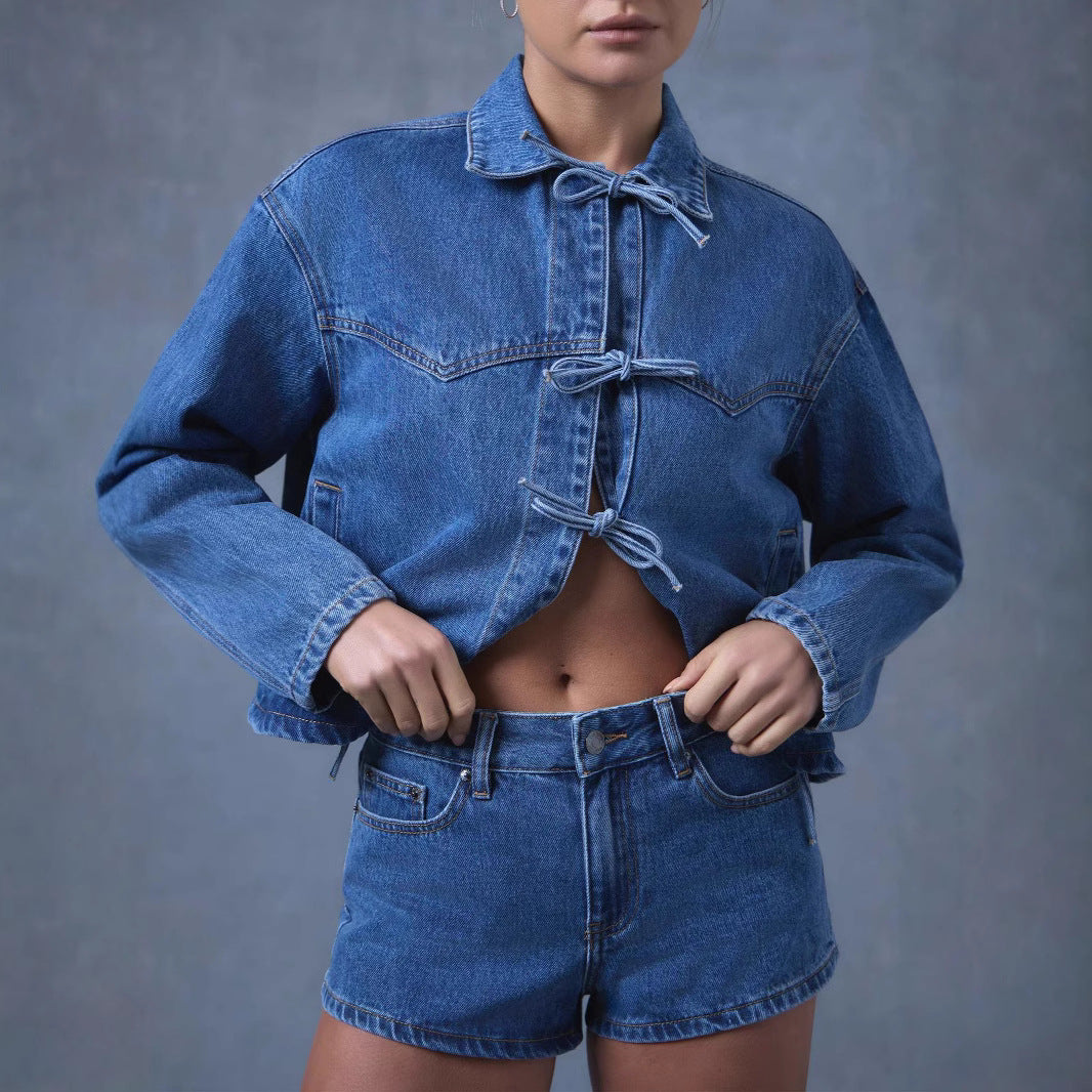 Dame Moderne Denim-Jakke med Belte Skjora
