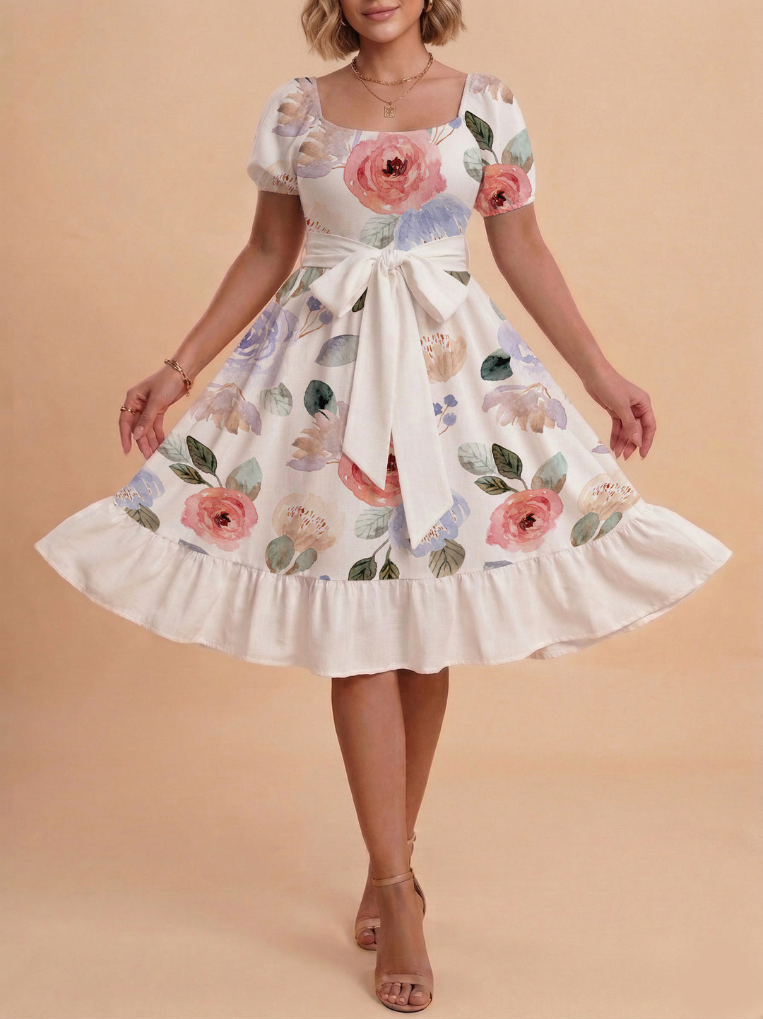 Damen Sommerliches Blumenkleid mit taillierbarem Gürtel und voluminösen Ärmeln Skjora