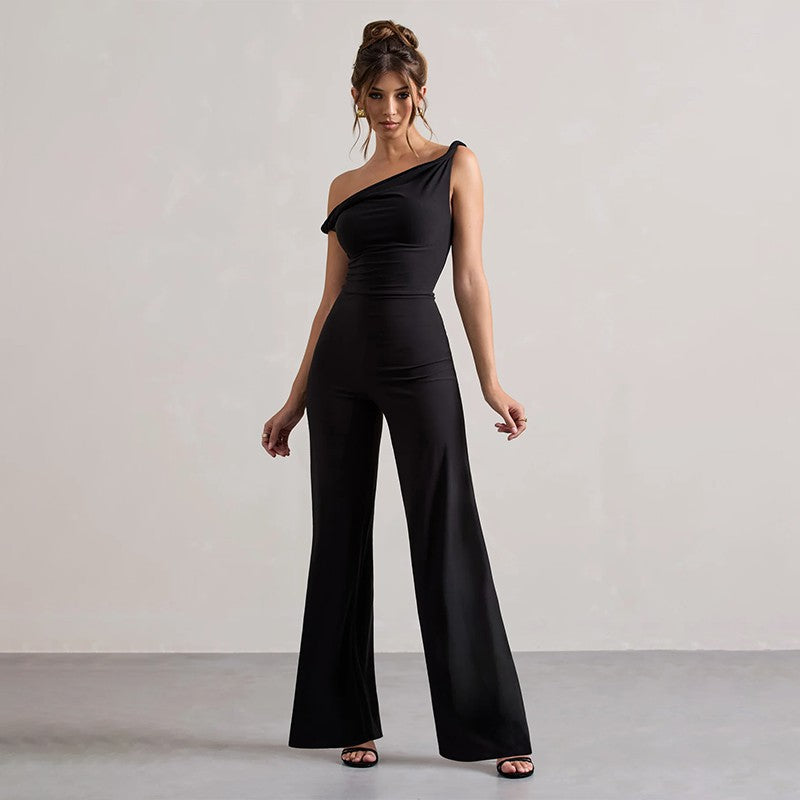 Dame off-shoulder jumpsuit med vide ben og elastisk topp Skjora