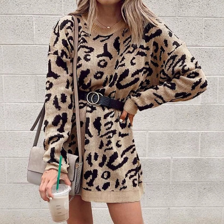 Damer Oversized Strikkekjole med Dyremotiv og Motetrend Belte Skjora