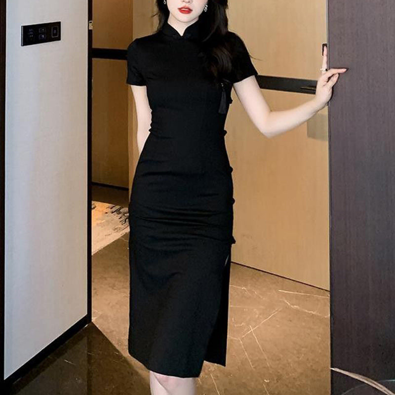 Damer elegant bodycon kjole med høy splitt og korte ermer Skjora
