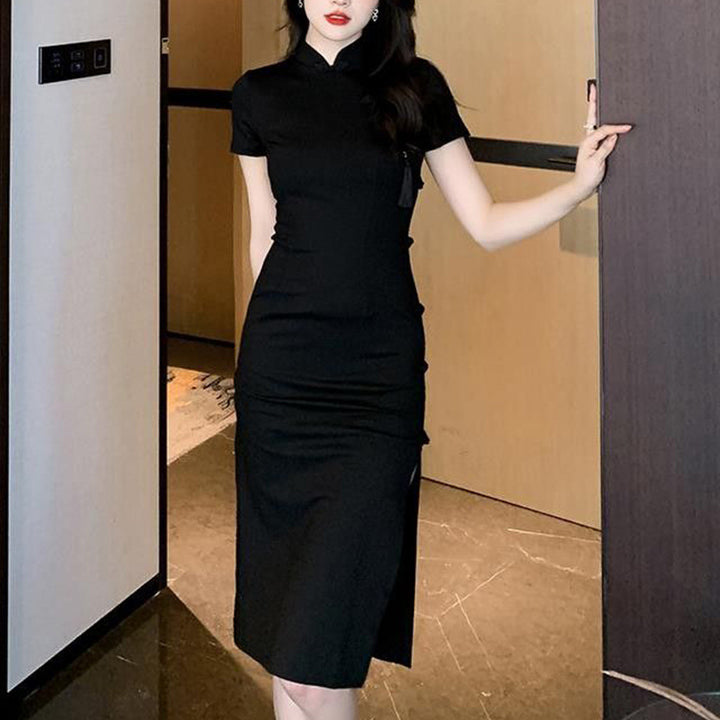 Damer elegant bodycon kjole med høy splitt og korte ermer Skjora