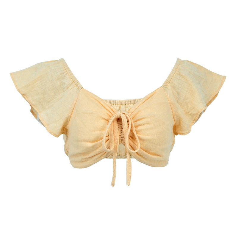 Dame Crop-Top med voluminøse volanger og justerbar snor Skjora