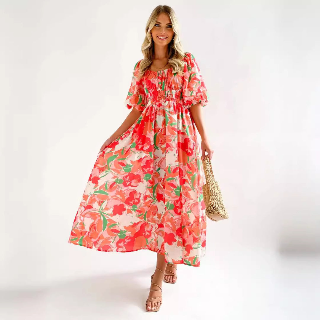 Kvinnenes Off-Shoulder Maxi Kjole med Blomster Mønster og Elastisk Midje Skjora