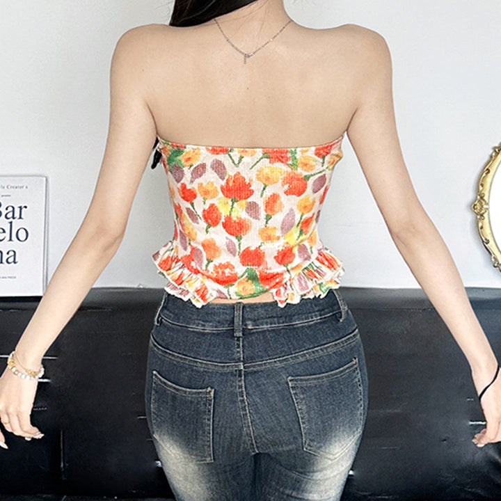 Dame Bustier-Topp med blomstret glitrendesign og volangkant Skjora