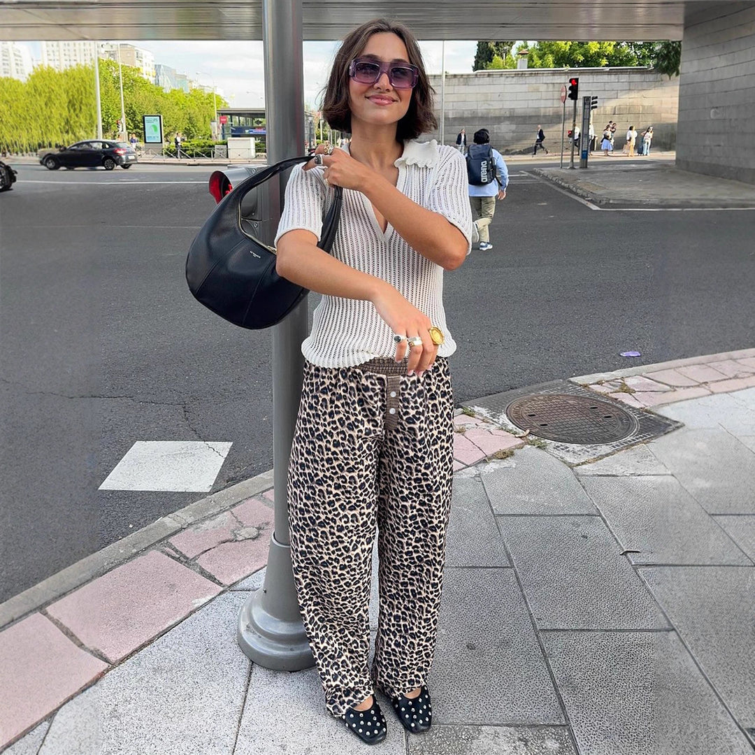 Dame casual Palazzo-bukser med leopardmønster og elastisk liv Skjora