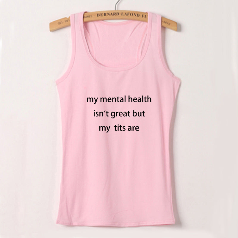 Dame ermeløs tanktop med kreativt statement-design Skjora