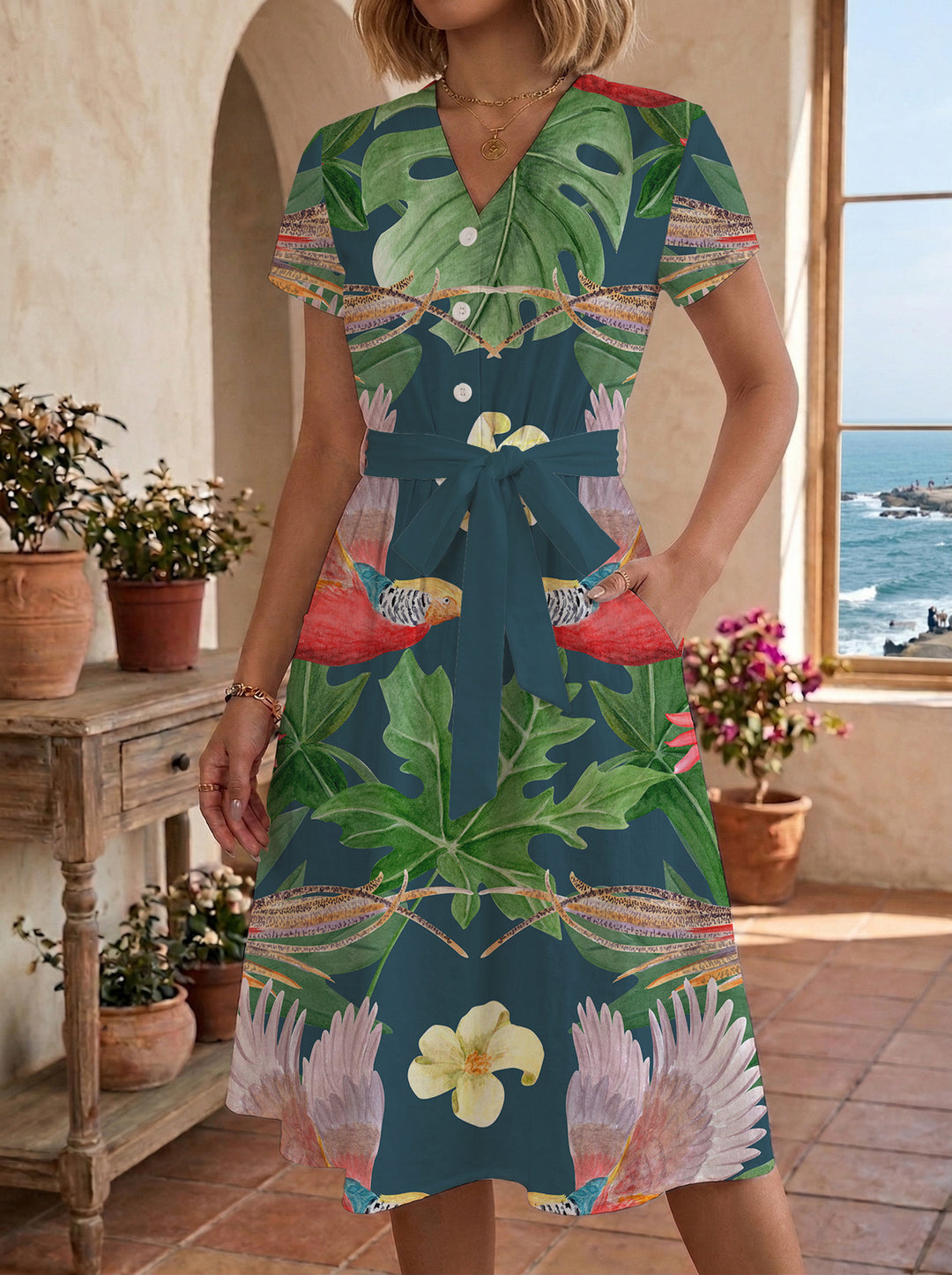 Damen Midikleid mit floralem Muster und Taillengürtel Skjora