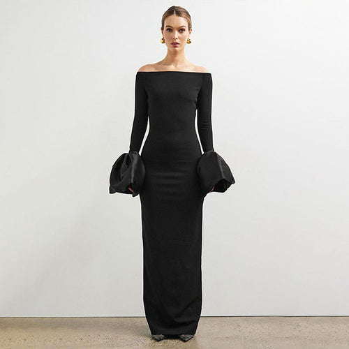 Damer Elegant Langermet Maxi-kjole med Off-Shoulder Utringning og Volangdetaljer Skjora