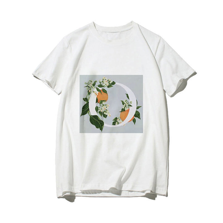 Dame T-skjorte med blomsterdesign og kreativt trykk Skjora