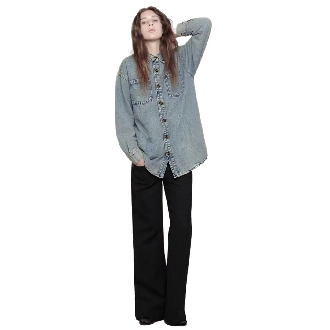 Dame Oversized Denim-skjorte med påsydde lommer Skjora