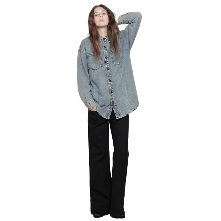 Dame Oversized Denim-skjorte med påsydde lommer Skjora