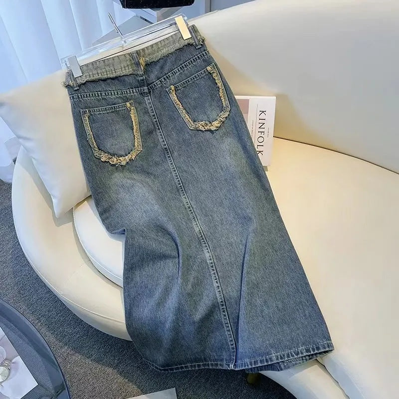 Kvinne Stilig Denim Midi Skjørt med Frontsplitt Skjora