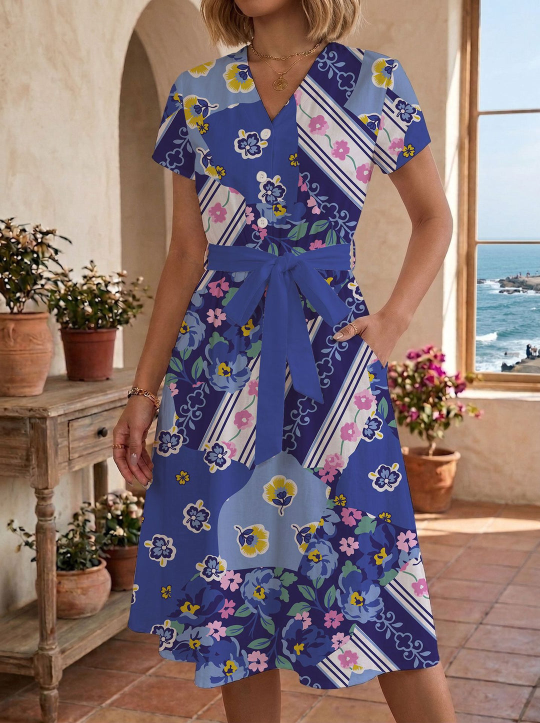Damen Sommerliches Kleid mit taillierbarem Bindegürtel und floralem Muster Skjora