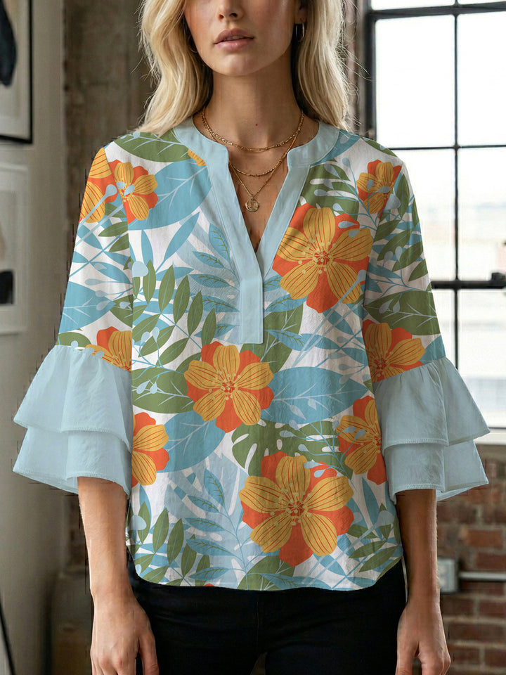 Damer elegant bluse skjorte med voluminøse rysjermer og grafisk blomsterdesign Skjora
