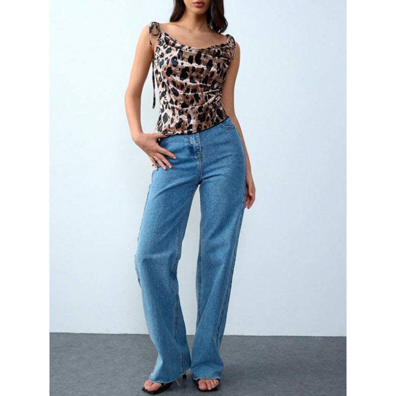 Dame Elegant leopardmønster spaghetti-top med rynket detalj Skjora