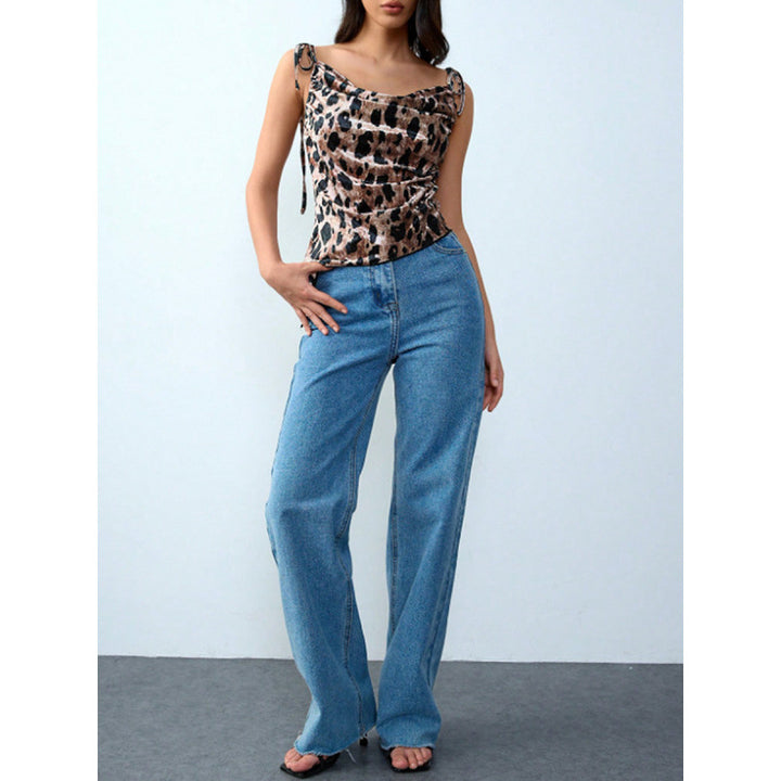 Dame Elegant leopardmønster spaghetti-top med rynket detalj Skjora