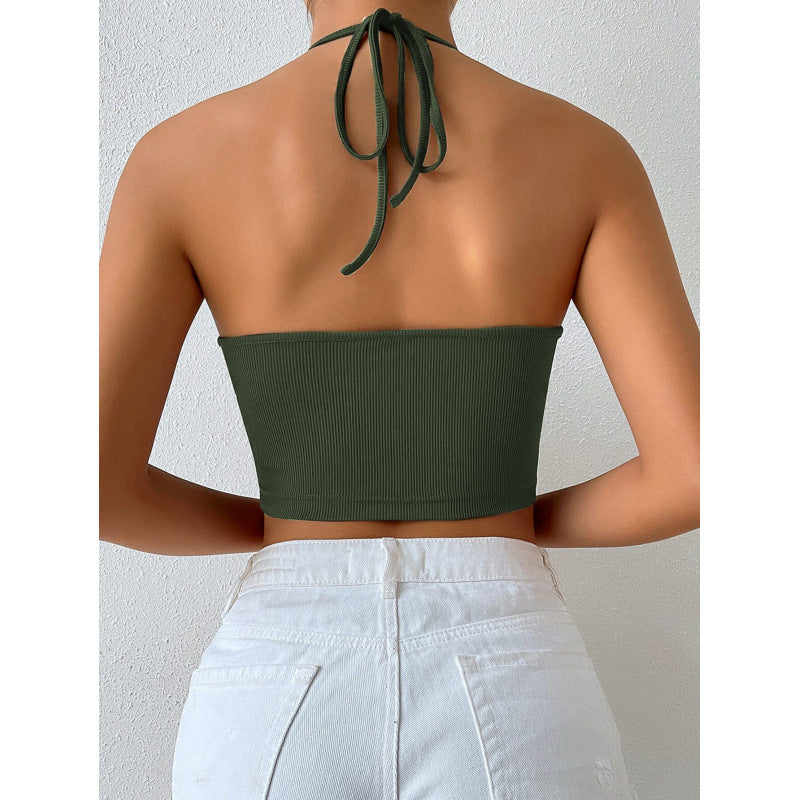Dame Cropped Top med dyp V-utskjæring og snørelook Skjora