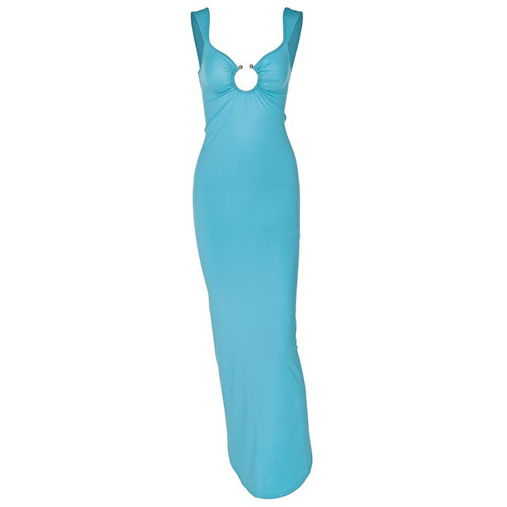Women's Elegant Maxi Dress with Deep V-neck and High Slit Skirt