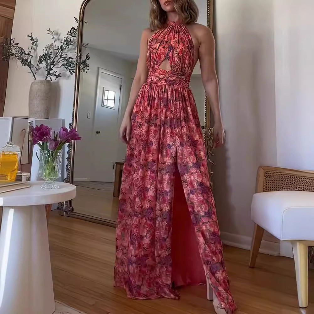Kvinner Halter Maxi Kjole med spennende utskjæring og flytende skjørt Skjora