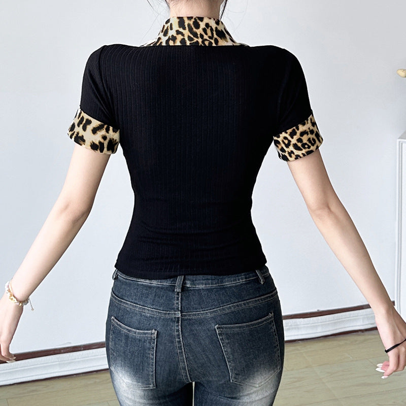 Dame polo skjorte med leopardmønster-detaljer Skjora