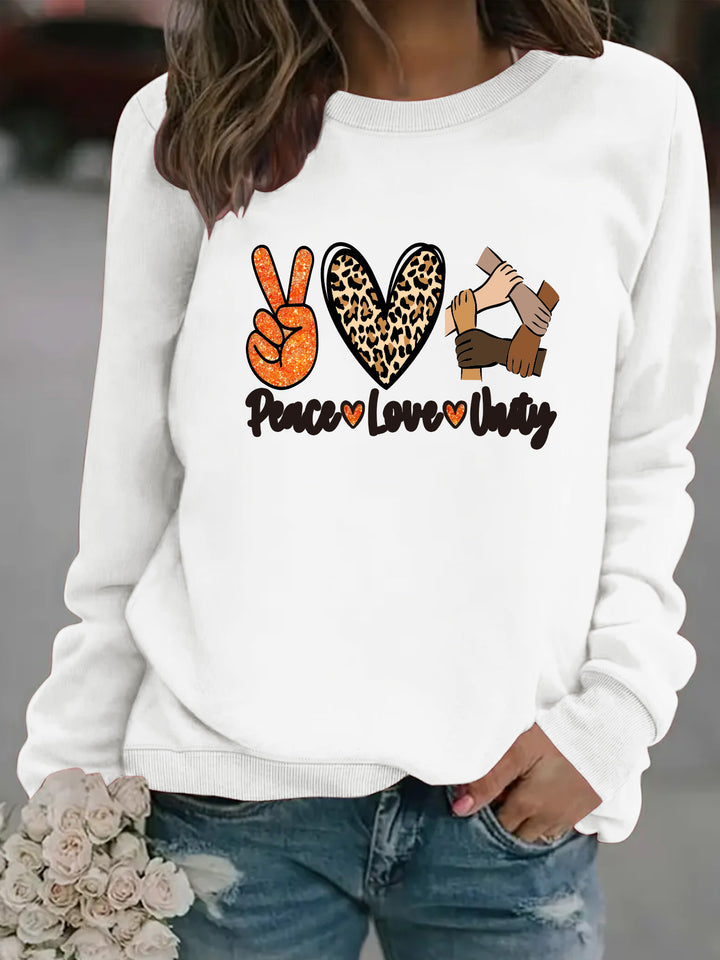 Kvinnegenser med kreativt Peace, Love & Unity-design Skjora