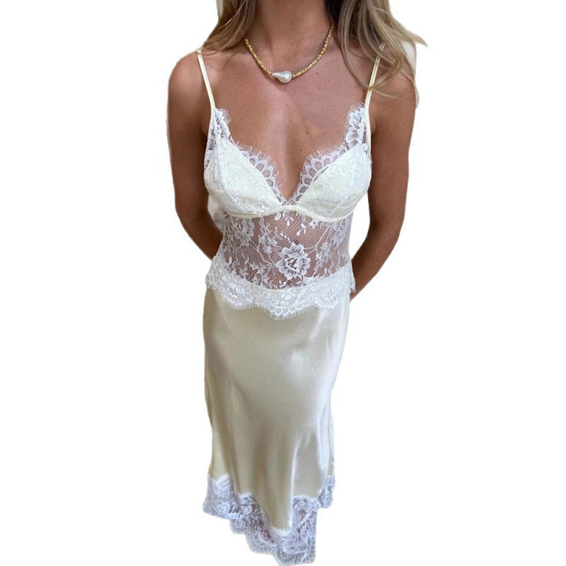 Damen Elegant nattkjole med transparent spissen innsetting og justerbare stropper Skjora