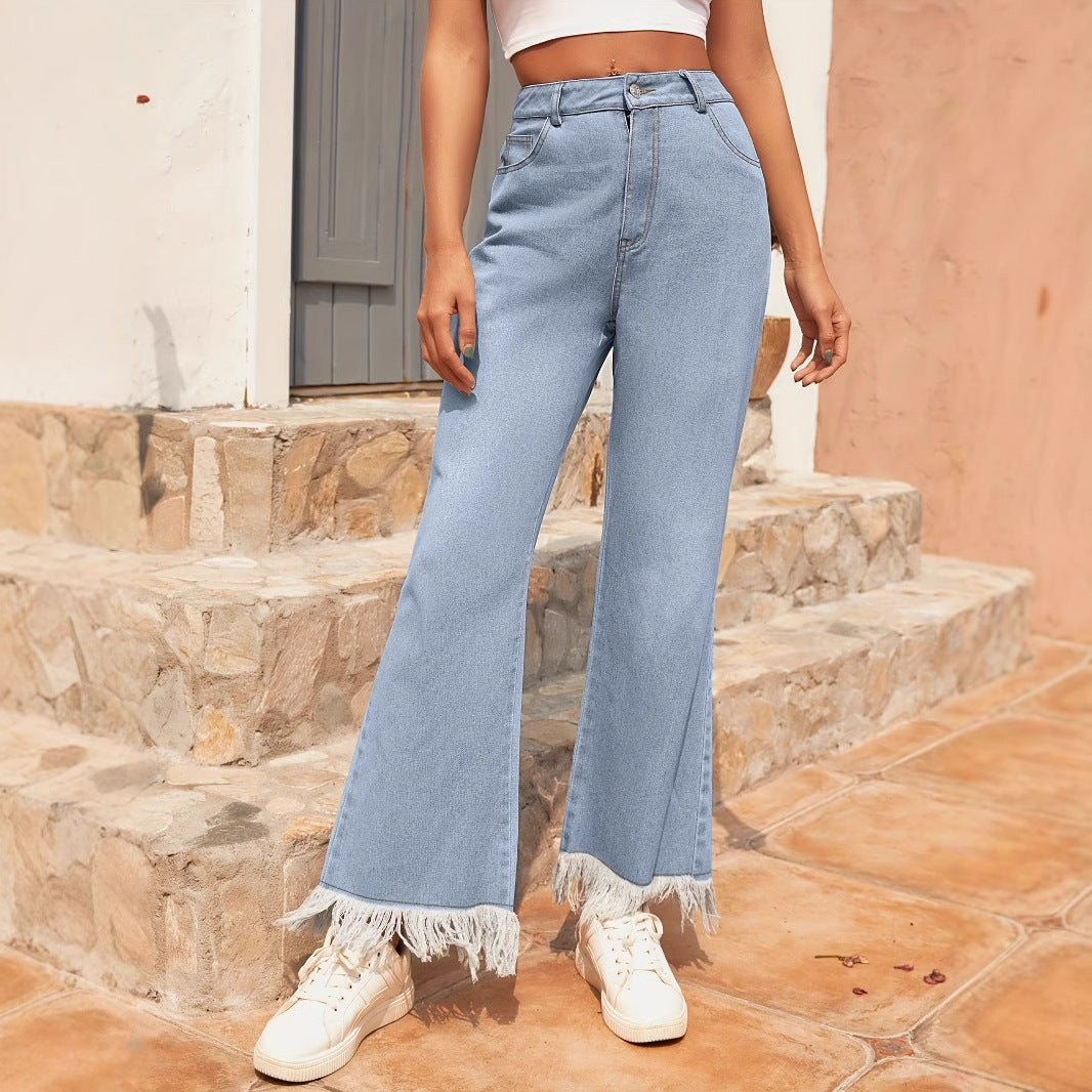 Kvinner Bred Flared Jeans med Slitt Kant Skjora