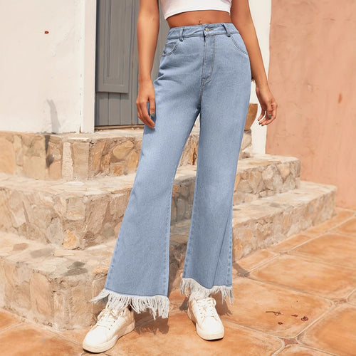 Kvinner Bred Flared Jeans med Slitt Kant Skjora