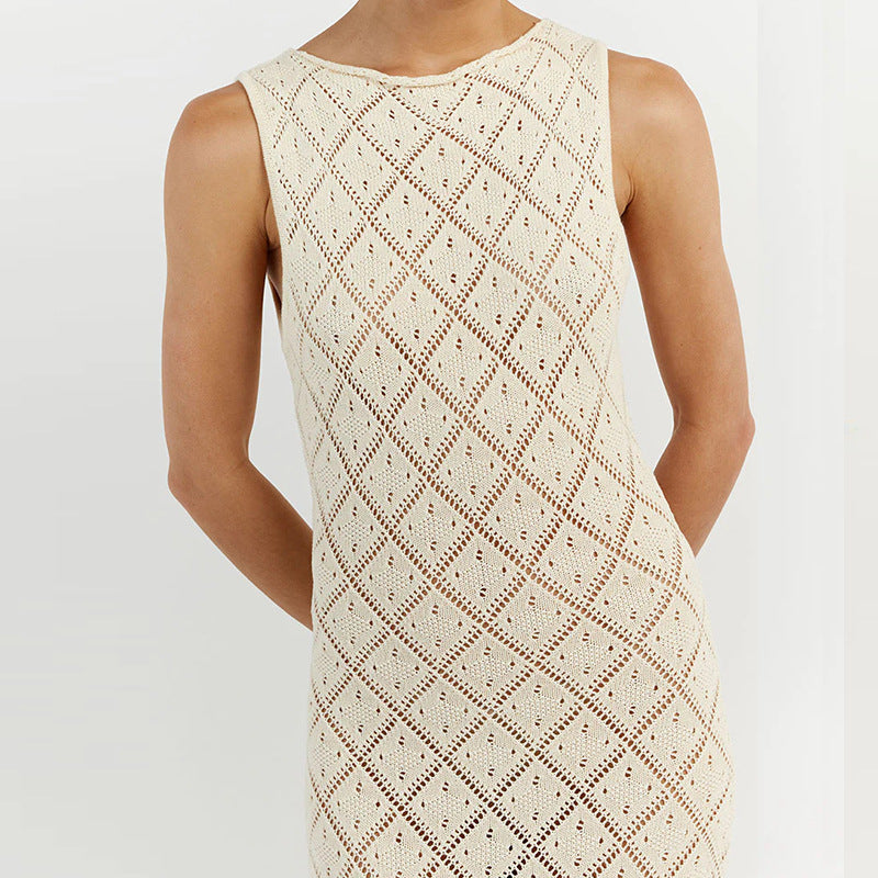Damen Häkelkleid mit kreativem Rautenmuster und ärmellosem Schnitt Skjora