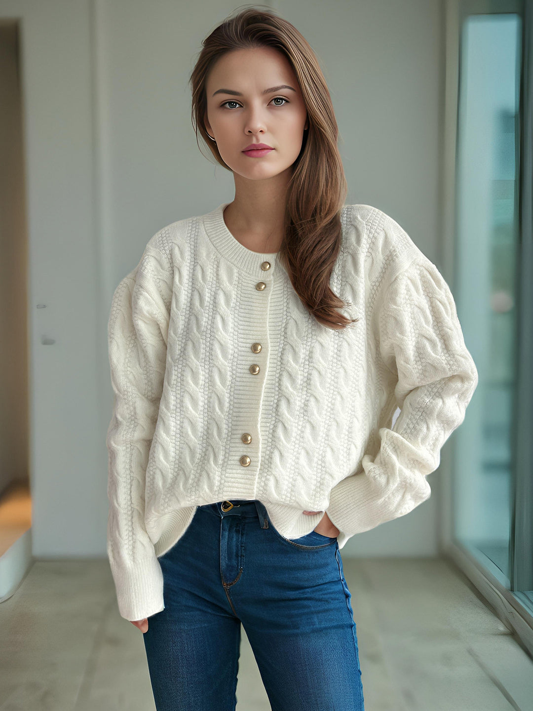 Dame chunky strikket cardigan med dekorative knapper og kabelmønster Skjora