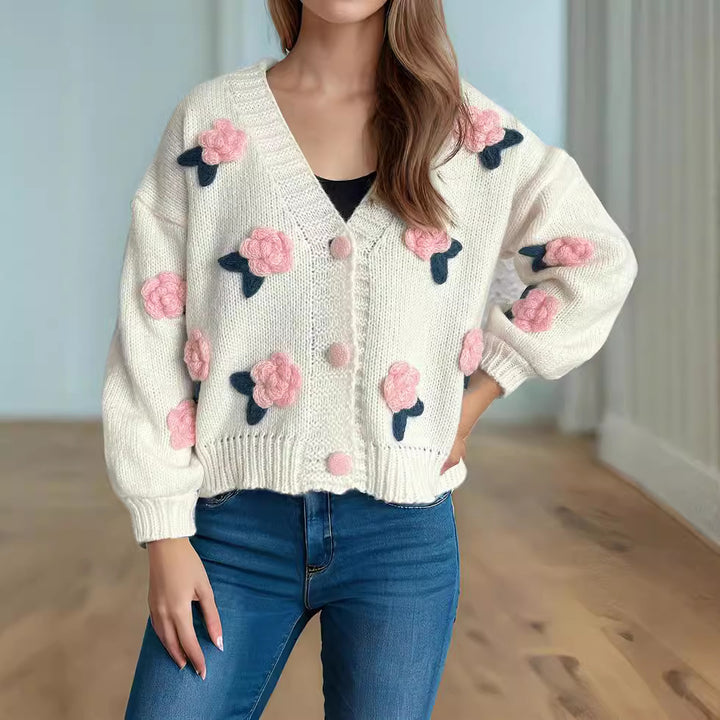 Dames kosete cardigan med blomster 3D-design og store knapper Skjora
