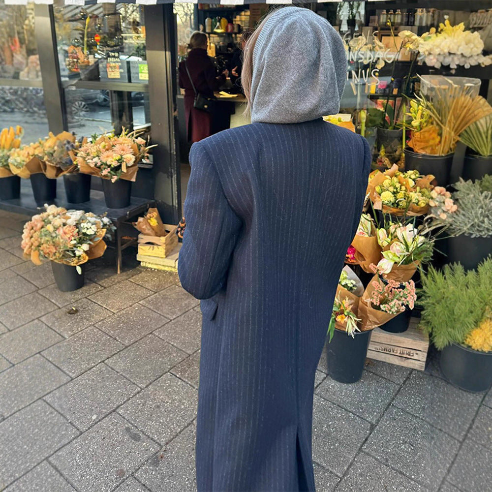 Dame Elegant Stripete Trench Coat med Dobbel Knepp og Praktiske Lommer Skjora