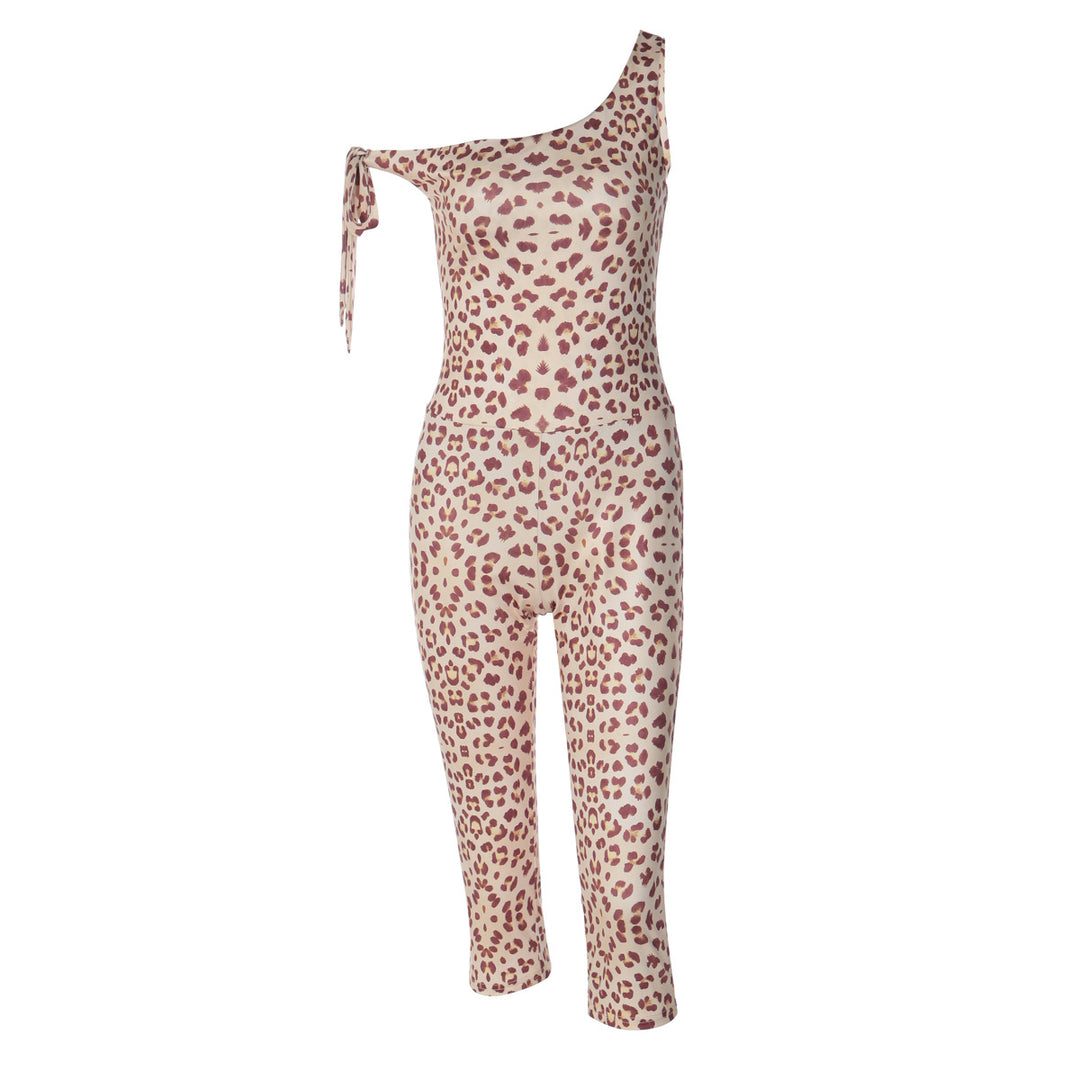Dame trendy jumpsuit med asymmetrisk utringning og leopardmønster Skjora