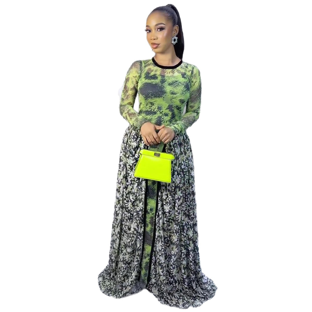 Kvinne Maxi Kjole med Transparent Topp og Blomstret Underkjole